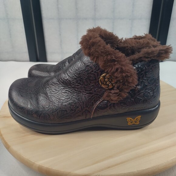 Alegria Meri Boots Tooled Leather & Faux Fur Brown Booties Women 37 / US 7 - Picture 5 of 12